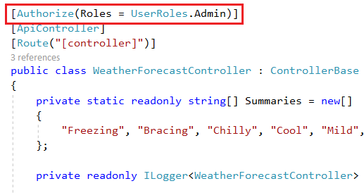 weatherforecast controller with role-based authorization